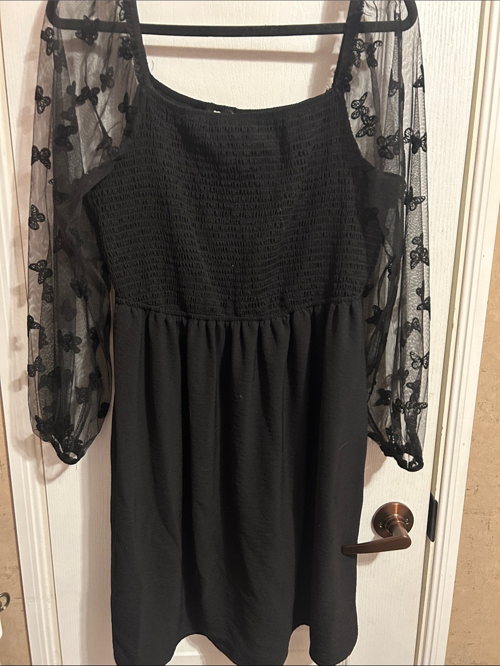 Black Mesh Sleeve Smocked Bodice Dress